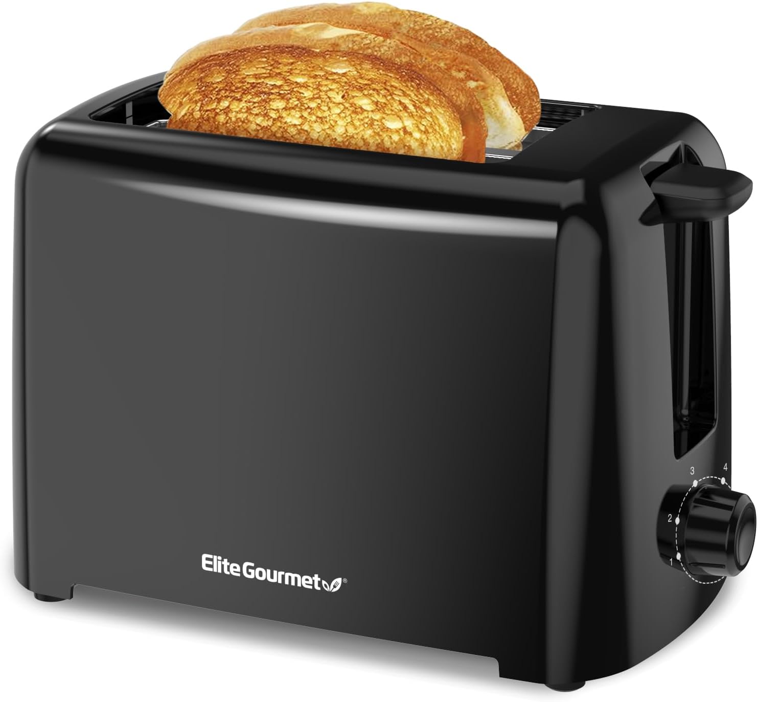 Elite Gourmet 2-slice toaster in black on a kitchen counter