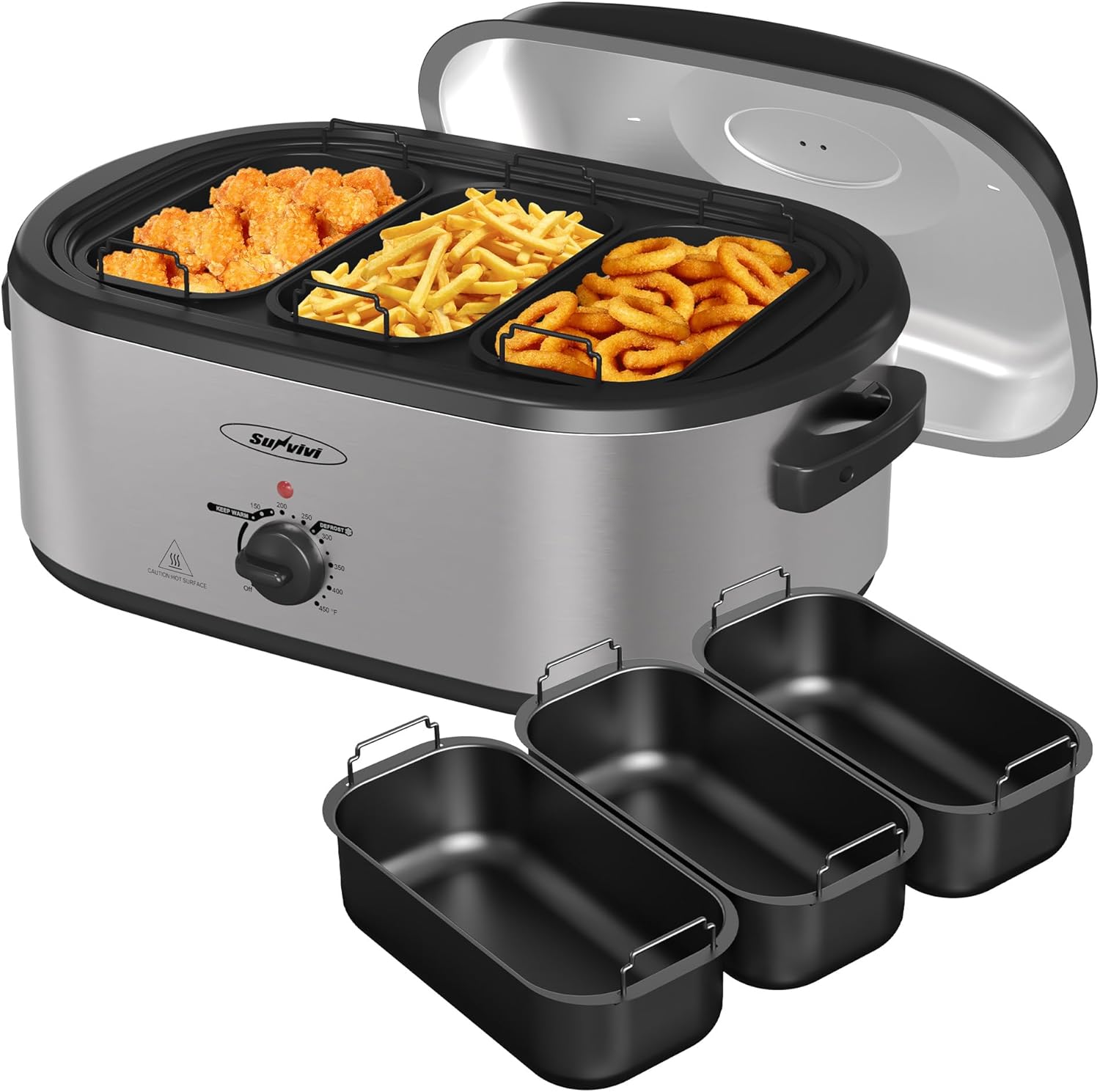 SUNVIVI Electric Roaster Oven displaying three buffet trays and control panel