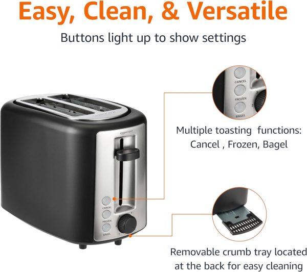 Amazon Basics Toaster 2 Slice Silver Front 6 Shade Settings-3
