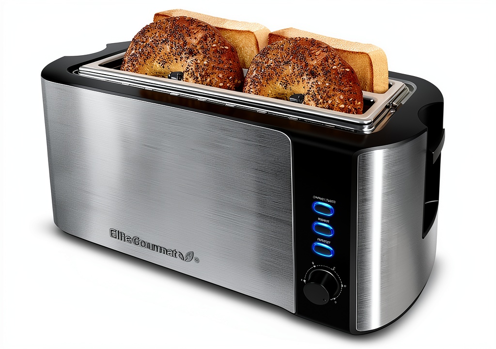 Elite Gourmet toaster on a kitchen counter with bread slices