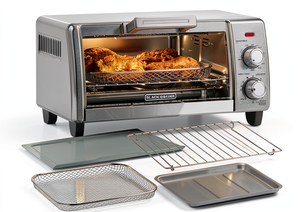 BLACK+DECKER toaster oven on a kitchen countertop with accessories